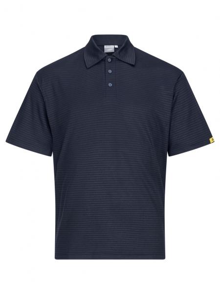 Das Bild zeigt ein kurzärmliges Polohemd in navyblau mit feinen, horizontalen Streifen. Es hat einen klassischen Kragen, drei Knöpfe und ist aus einem angenehmen, weichen Stoff gefertigt.