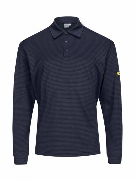 Das Bild zeigt ein dunkelblaues Poloshirt mit langen Ärmeln. Es hat einen klassischen Kragen und feine, vertikale Streifen. Am Ärmel befindet sich ein gelbes Detail.