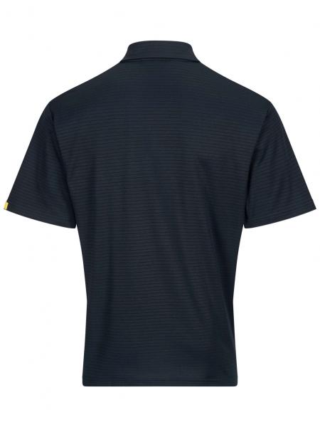 The image shows a black polo shirt from the back. It has short sleeves and a classic collar. The texture is slightly striped, and there is a small logo on the left shoulder.
