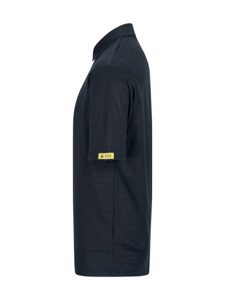 The image shows a black polo shirt made from a lightweight material. It features a short style, a classic collar, and a yellow label on the left sleeve. The surface is textured.