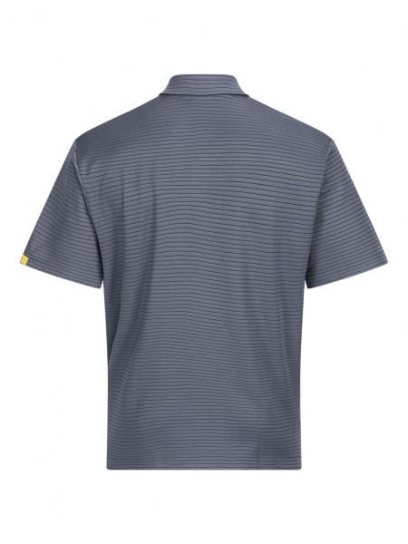 Das Bild zeigt ein kurzes Poloshirt mit einem grauen, gestreiften Muster. Es hat einen klassischen Kragen und kurze Ärmel. Die Farben sind hauptsächlich in verschiedenen Grautönen gehalten.