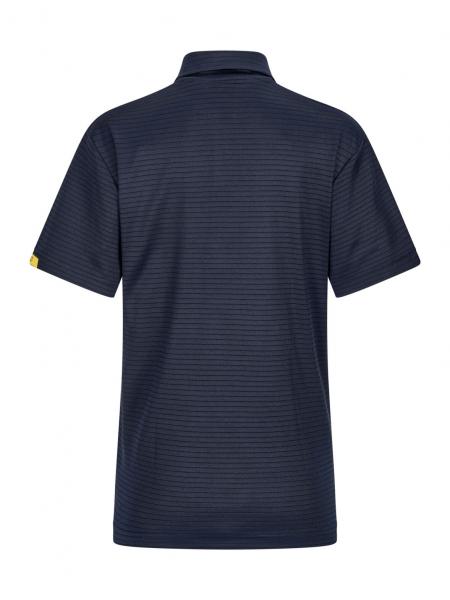 Das Bild zeigt ein dunkelblaues Poloshirt von hinten. Es hat kurze Ärmel, einen Kragen und feine, vertikale Streifen. Ein kleines Logo ist an der linken Seite des Kragens.