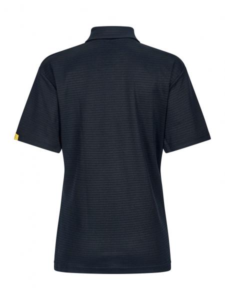 Das Bild zeigt ein schwarzes Poloshirt aus einem leichten Stoff. Es hat einen klassischen Kragen und kurze Ärmel. Die Rückseite ist schlicht mit feinen strukturierten Linien.