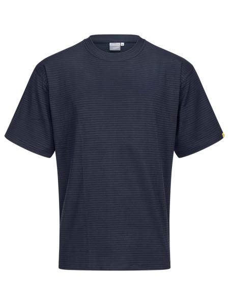 Das Bild zeigt ein dunkles, kurzärmliges T-Shirt mit feinen, horizontalen Streifen. Es hat einen runden Ausschnitt und eine klassische, entspannte Passform.