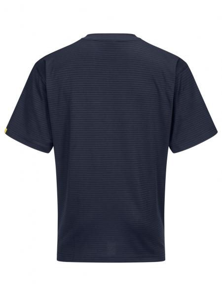 Das Bild zeigt ein dunkelblaues T-Shirt mit einem einfachen, gestreiften Muster. Es hat kurze Ärmel und einen runden Ausschnitt. Die Rückseite ist sichtbar, ohne besondere Details.