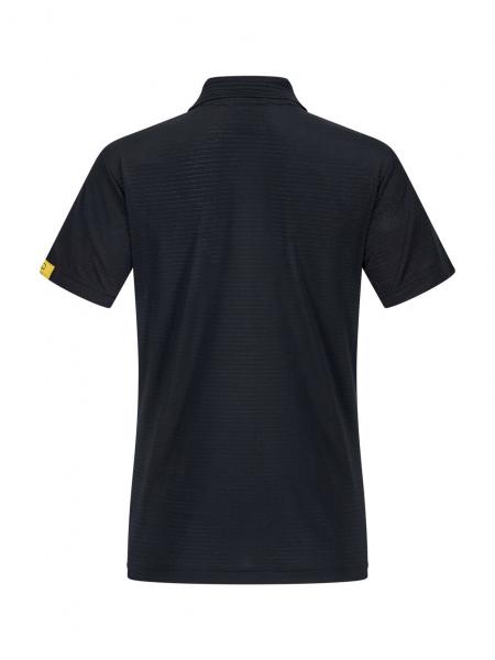 The image shows a black polo shirt from the back. It has short sleeves and a classic collar. On the left side, a yellow detail or logo is visible.