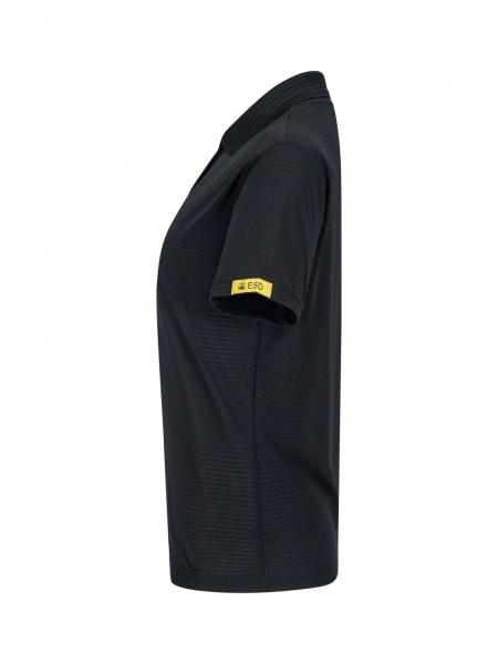 The image shows a black polo shirt in profile. It has short sleeves and a yellow marking on the left shoulder. The fabric appears smooth and sporty.