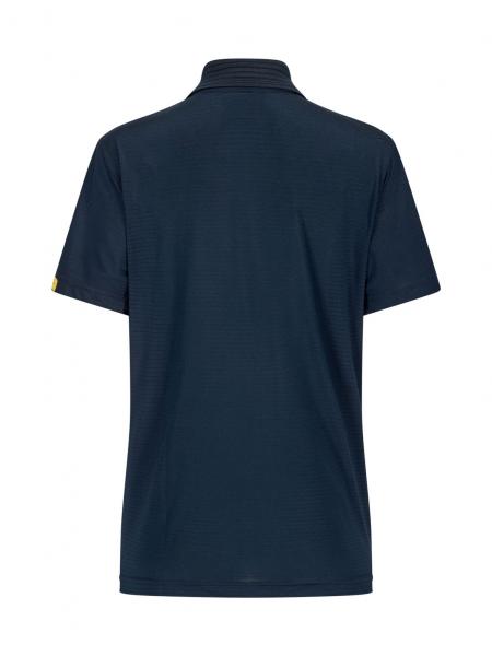 Das Bild zeigt ein einfarbiges, dunkelblaues Polohemd von hinten. Es hat einen Kragen und kurze Ärmel, und auf der linken Seite befindet sich ein kleines Logo. Der Stoff wirkt glatt.