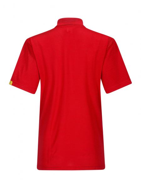 Das Bild zeigt ein rotes Poloshirt aus der Rückansicht. Es hat einen kurzen Kragen und kurze Ärmel. An einem Ärmel befindet sich ein kleines, farbiges Logo. Die Oberfläche ist strukturiert.