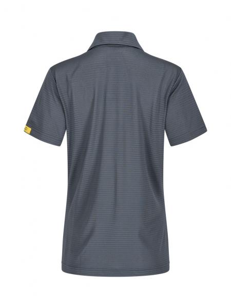 The image shows a gray polo shirt with a simple striped pattern. It has short sleeves and a classic collar. The back is visible, with no details on the front.