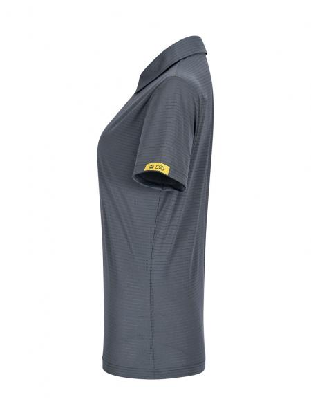 The image shows a gray polo shirt from the side. It has a collar, short sleeves, and a small yellow label on the left sleeve hem. The fabric has a fine texture.