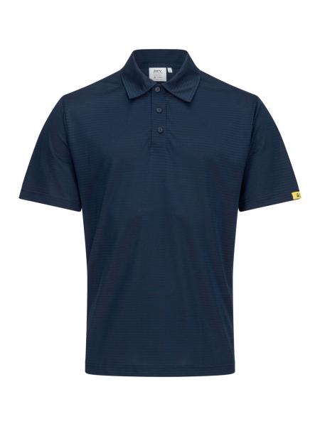 The image shows a dark blue polo shirt. It has short sleeves and a classic collar with three buttons. There is a yellow logo on the left sleeve.