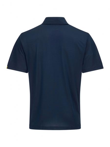 The image shows a dark blue polo shirt from the back. It has short sleeves, a flat collar, and a simple, plain shape. The fabric appears smooth and light.