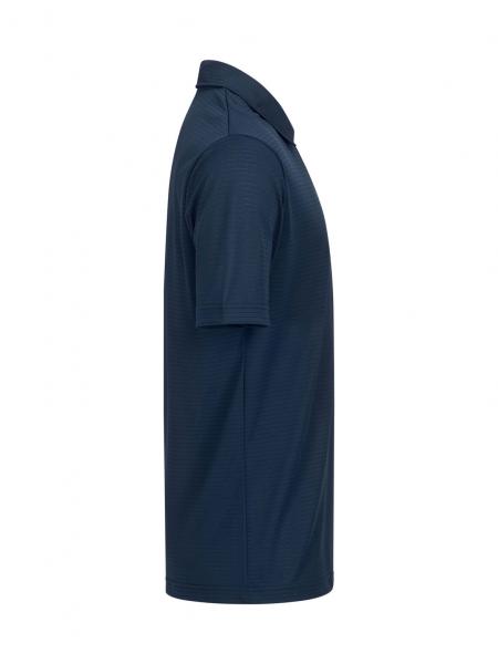 The image shows a dark blue, short-sleeved polo shirt. It features a classic collar and a straight silhouette that extends to the hip. The fabric appears smooth and comfortable.