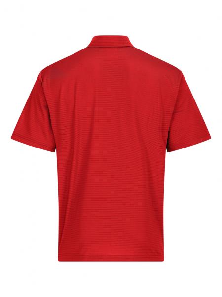 The image displays a red polo shirt. It features a classic collar and short sleeves. The surface is slightly textured with fine stripes. The cut is loose and sporty.