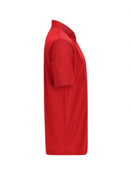 The image displays a red polo shirt from the side. It features a classic collar and short sleeves. The fabric appears light and sporty, without any conspicuous patterns.