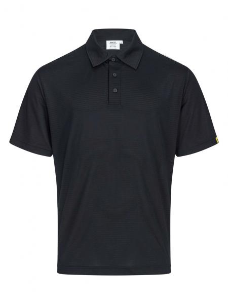 Das Bild zeigt ein schwarzes Poloshirt. Es hat kurze Ärmel, einen klassischen Kragen und drei Knöpfe auf der Vorderseite. Der Stoff wirkt glatt und casual.