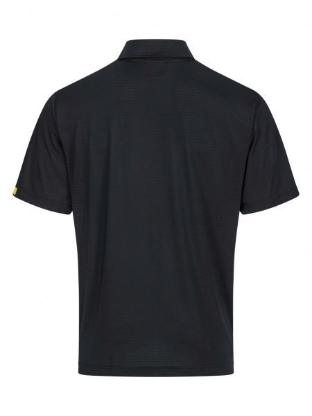 Das Bild zeigt ein schwarzes Poloshirt von hinten. Es hat einen klassischen Kragen und kurze Ärmel. Der Stoff scheint glatt und könnte für Freizeit oder sportliche Aktivitäten geeignet sein.