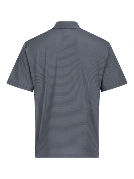 The image shows a gray polo shirt made from a lightly textured material. It has short sleeves and a classic collar, with narrow horizontal lines in the fabric design.