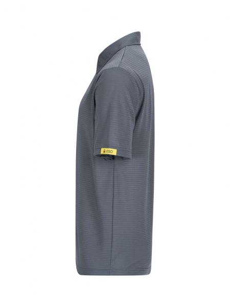 The image shows a gray polo shirt made of a fine fabric. It has short sleeves and a classic collar. There is a yellow label on the left sleeve. The surface features a fine striped pattern.