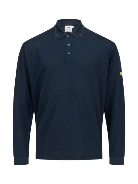 The image displays a long-sleeved polo shirt in dark blue. It features a classic collar with three buttons and a colored appliqué on the sleeve. The material appears casual and sporty.