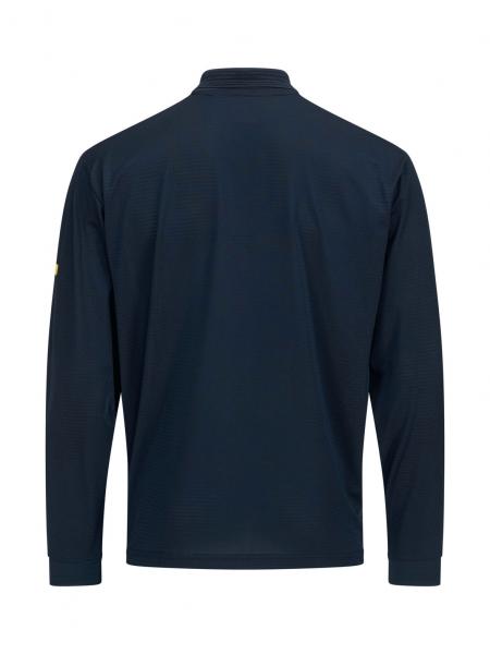 The image shows a long-sleeved, dark top. It has a high collar and a plain back view without any conspicuous patterns. There is a small, yellow logo on one sleeve.