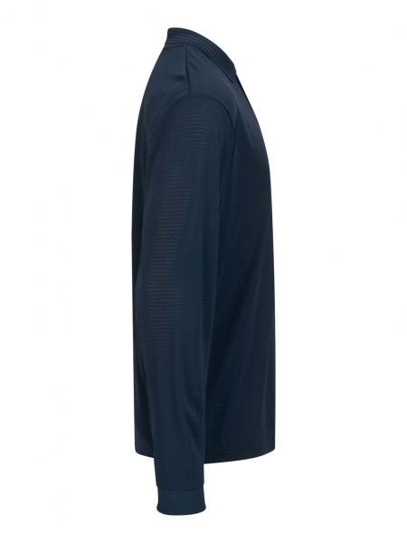 The image displays a long-sleeved top in a dark color, shown from the side. It features a buttoned collar and has a loose fit. The surface has a fine texture.