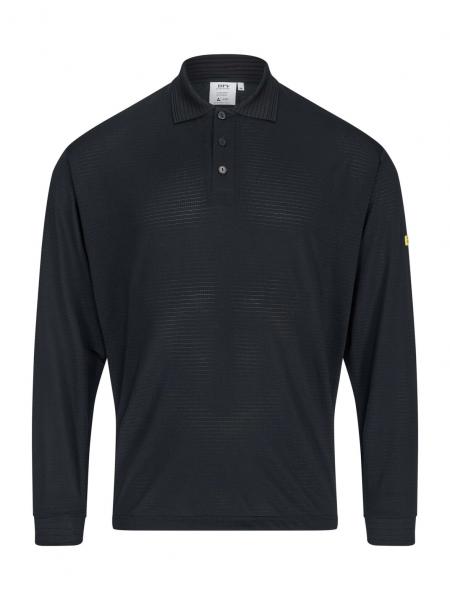 Das Bild zeigt ein schwarzes Poloshirt mit langen Ärmeln. Es hat einen klassischen Kragen und drei Knöpfe auf der Vorderseite. Die Struktur hat feine, vertikale Linien.