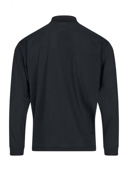 Das Bild zeigt die Rückansicht eines schwarzen Langarmshirts. Es hat einen hohen Kragen und sieht sportlich aus. Die Oberfläche ist glatt und ohne auffällige Details oder Muster.