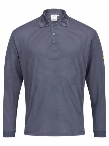The image shows a long-sleeved, dark gray polo shirt. It features a classic collar and three buttons. The surface is slightly textured. A small yellow logo is on one sleeve.