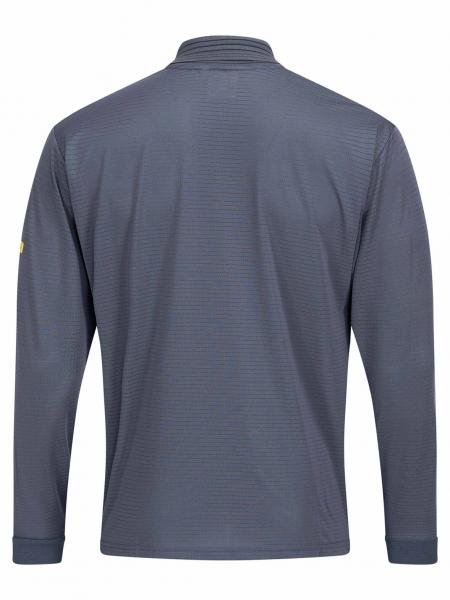 The image displays the back of a gray long-sleeve shirt. It features a stand-up collar and is plain, without any noticeable patterns or designs. The sleeves are long and fitted.