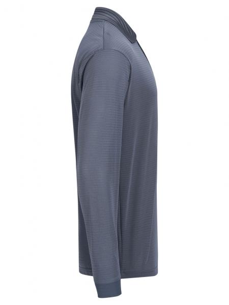 The image displays a long-sleeved, dark blue top with a collar. The surface features a fine texture, and the sleeves end in cuff-like finishes.