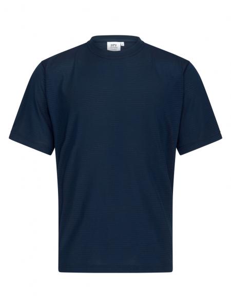 Das Bild zeigt ein kurzärmliges T-Shirt in einem tiefen, einheitlichen Blau. Es hat einen runden Halsausschnitt und eine schlichte, gerade Form ohne Muster oder Aufdrucke.