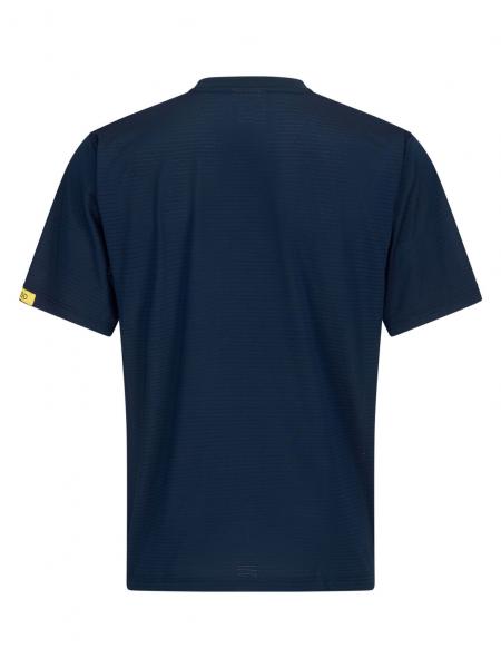 Das Bild zeigt ein schlichtes, dunkelblaues T-Shirt ohne Aufdruck. Es hat kurze Ärmel, einen runden Halsauschnitt und eine gerade Passform. Eine kleine gelbe Etikette befindet sich an der linken Seite.