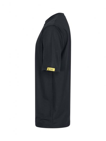 The image shows a simple, black T-shirt in a side cut. It has short sleeves and a yellow patch on the sleeve. The fabric appears light and modern.