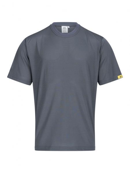 Das Bild zeigt ein graues T-Shirt mit kurzen Ärmeln. Es hat eine schlichte, glatte Oberfläche und einen kleinen gelben Labelaufnäher an der linken Seite.