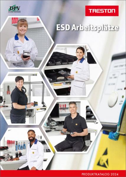 Bild zeigt mehrere Menschen in Arbeitskleidung an ESD-Arbeitsplätzen. Sie halten Werkzeuge oder Geräte. Im Hintergrund erkennt man Regale mit Werkzeug. Oben steht "ESD Arbeitsplätze".