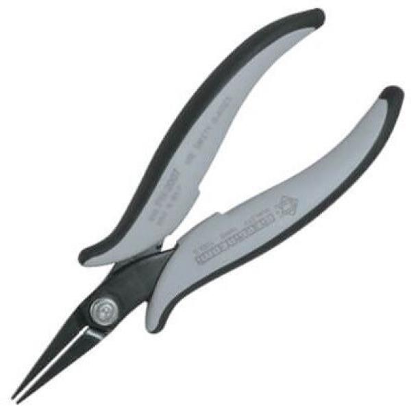Das Bild zeigt eine Zange mit langen, spitzen Klingen. Der Griff ist ergonomisch geformt und besteht aus grauem und schwarzem Kunststoff, um einen sicheren Halt zu bieten.
