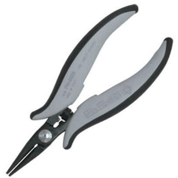 Das Bild zeigt eine Schere mit langen, schmalen Klingen. Die Griffe sind ergonomisch geformt, grau mit schwarzem Gummiüberzug, was guten Halt bietet. Ideal für Präzisionsarbeiten.
