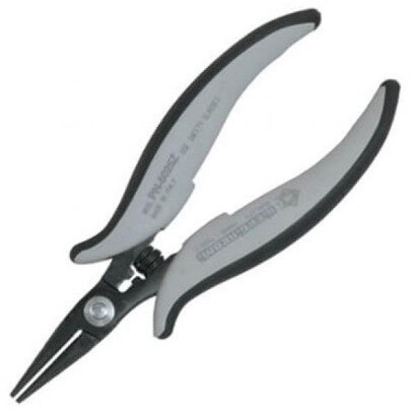 The image displays a small pair of pliers with long, pointed jaws. The handles are gray and black, ergonomically shaped for better grip. It looks sturdy and precise.