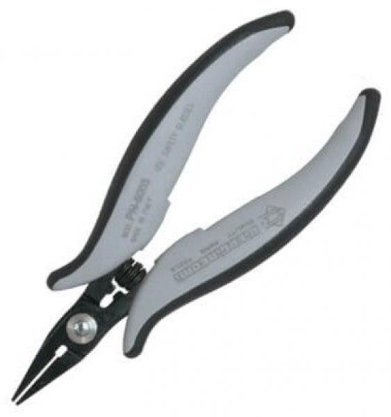 The image shows a pair of pliers with long, narrow jaws. The handles are ergonomically shaped, gray with black rubber elements for additional grip. The pliers have a shiny, metallic surface.