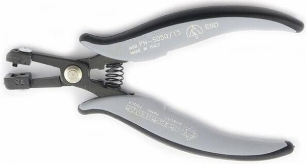 The image shows a pair of pliers with gray rubber grips and a black metal part. It has a special shape for precise gripping and a spring in the joint that opens the pliers.
