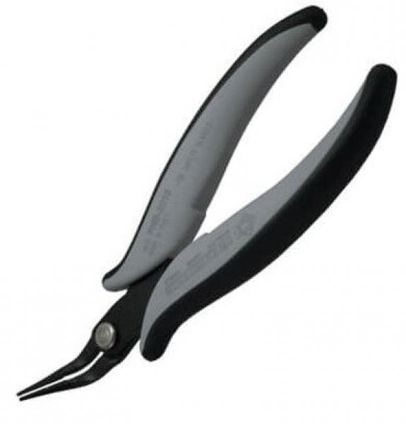 The image shows a pair of pliers with long, narrow jaws and ergonomic grip surfaces. The handles are black and gray, and the jaws appear to be metallic.