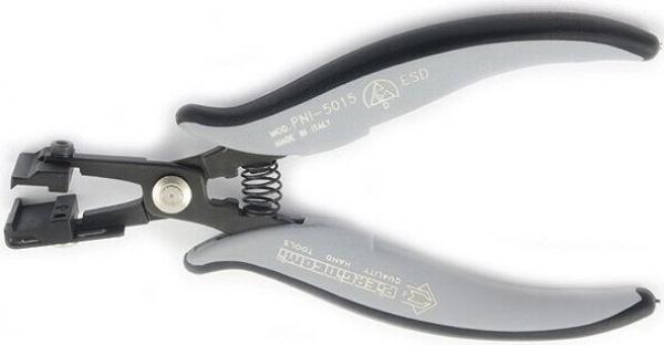 The image shows a pair of pliers with gray, rubberized handles. It has a spring-loaded center and on one side a special mechanism designed for precise work.