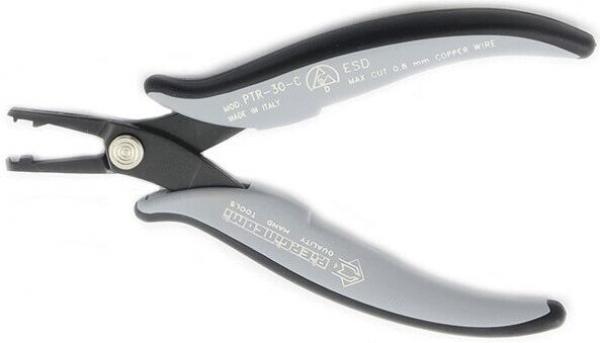 The image shows a gray pliers with black, ergonomic handles. It has a special opening at the tip intended for precise tasks. The pliers appear sturdy and handy.