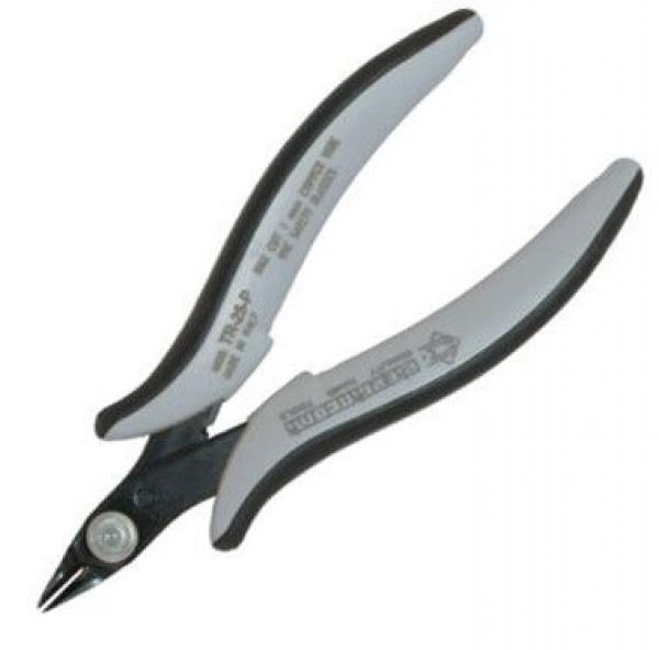 The image shows a small pair of pliers with gray and black handles. The pliers have a pointed, sharp edge for cutting. They are compact and ergonomically designed.