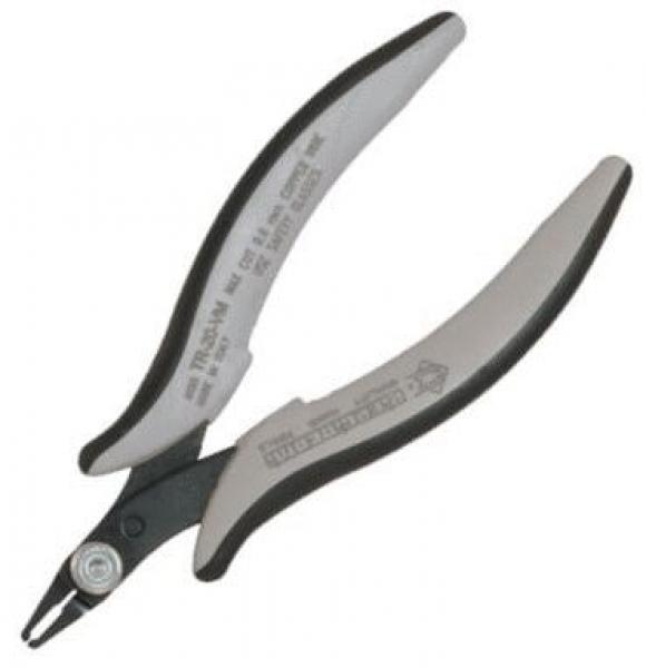 The image shows a pair of pliers with ergonomic handles. The handles are gray with black rubber inserts. The plier jaws are narrow and have a sharp cutting edge, suitable for cutting.