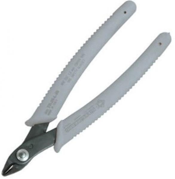 The image shows a pair of cutting pliers with gray, non-slip handles and a high-quality metal blade. The pliers are in a closed position and are used for cutting materials.