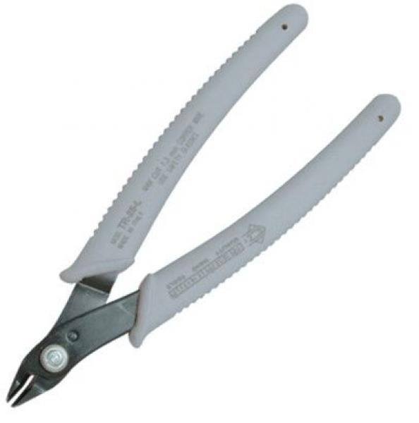 The image shows a pair of pliers with gray, non-slip handles and a narrow, pointed cutting edge made of dark metal. It is suitable for cutting fine materials.