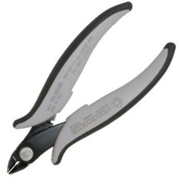 The image shows a pair of scissors with round, curved handles made of black and gray plastic. The blades are narrow and pointed, suitable for cutting fine materials.